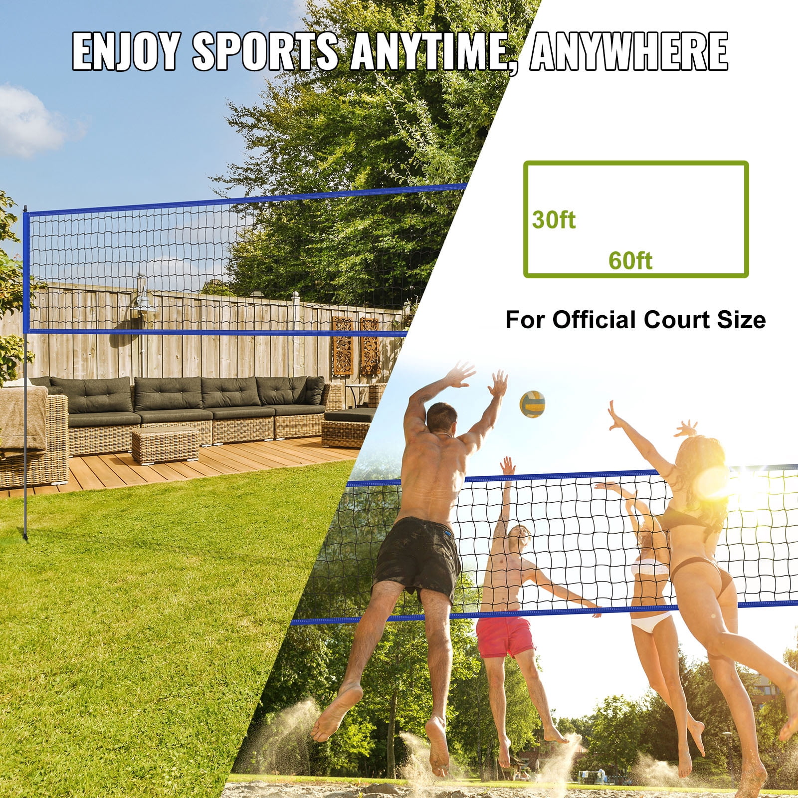 BENTISM 32ft x 3ft Portable Volleyball Net System Adjustable Height Poles with PVC Volleyball, Carrying Bag, Boundary Lines, Steel Poles & Pump for Outdoor Sports