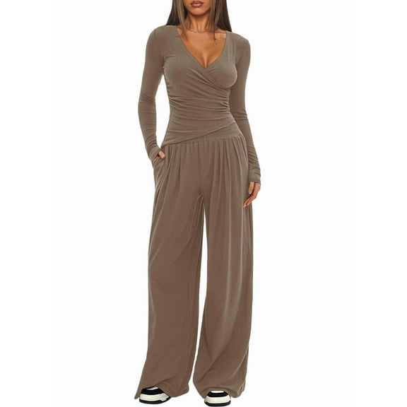 Women 2 Piece Lounge Fall Outfits Sets Neck Shirts and Wide Leg Pants Casual Matching Sets Khaki XS