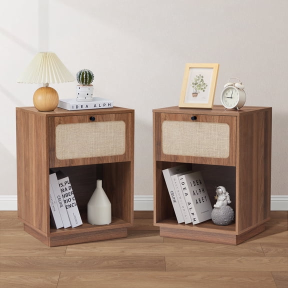 Wirrytor Rattan Night Stands Set of 2, Farmhouse Nightstand Bedside Table with Drawer and Storage Shelf, Boho End Side Table for Bedroom, Small Space, Walnut