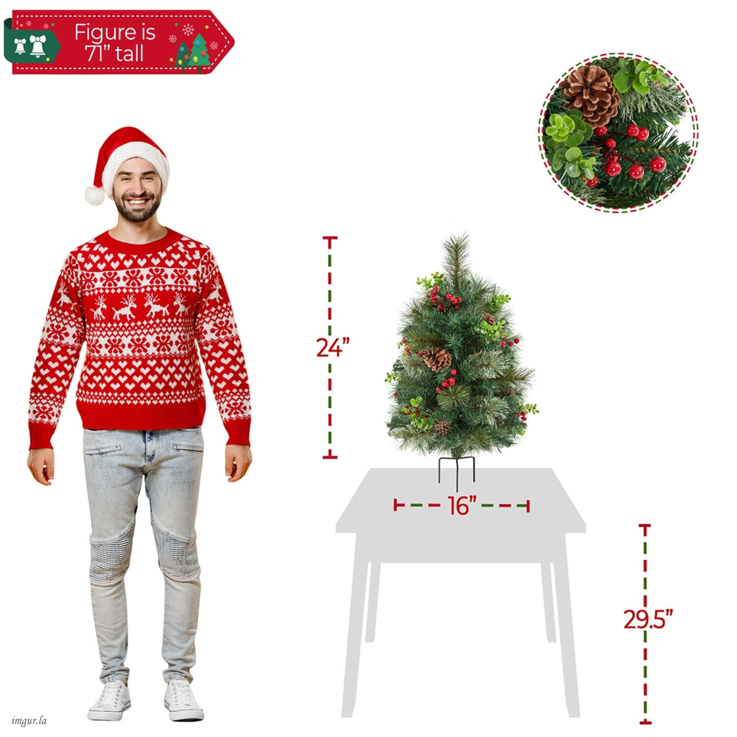 Alden Design Set of 2 2FT Pre-lit Outdoor Pathway Christmas Trees with Stakes, Red Berries and Pinecones for Driveway, Green