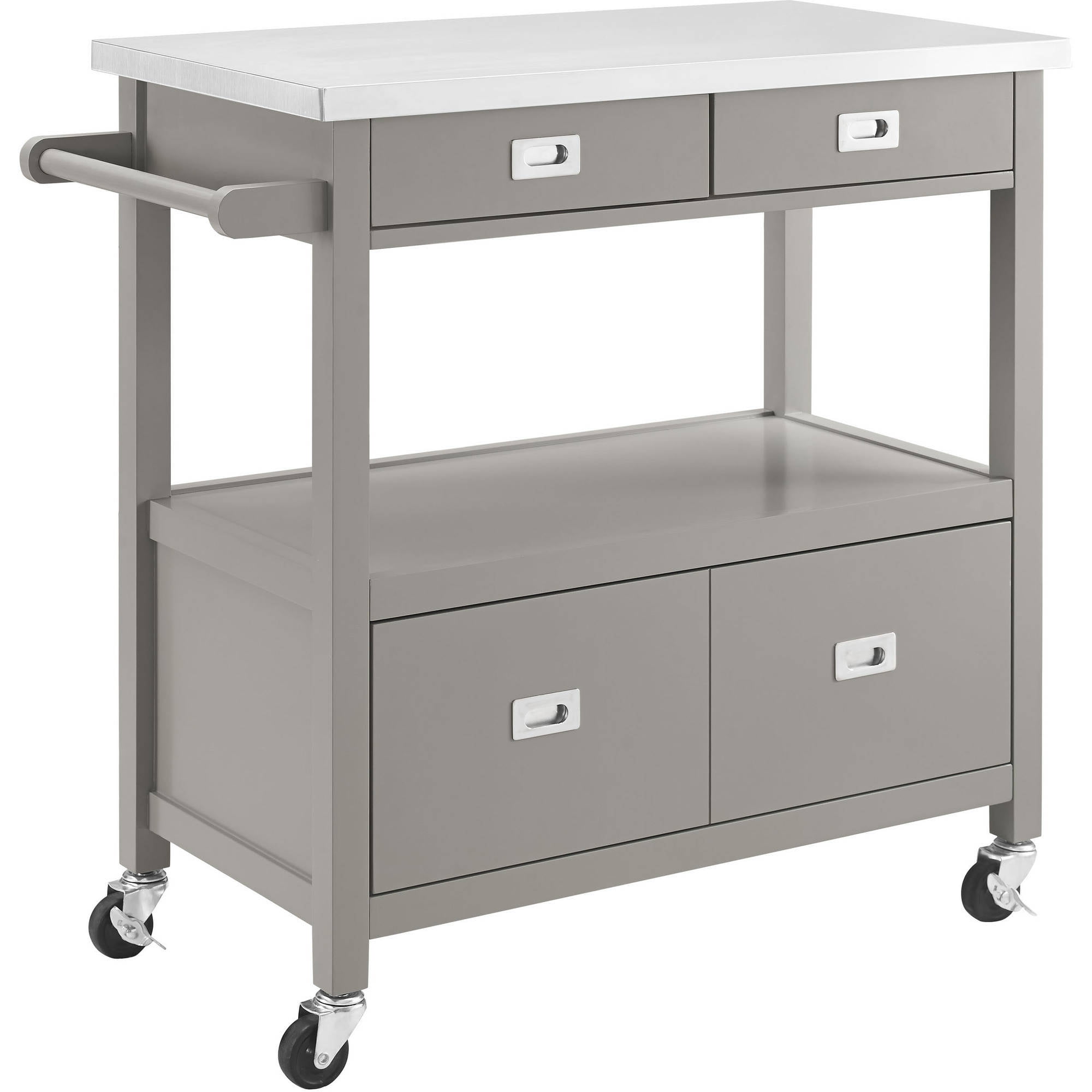 Linon Sydney Kitchen Cart, Gray, Stainless Steel Top, 4 Drawers Kitchen Cart Stainless Steel Top