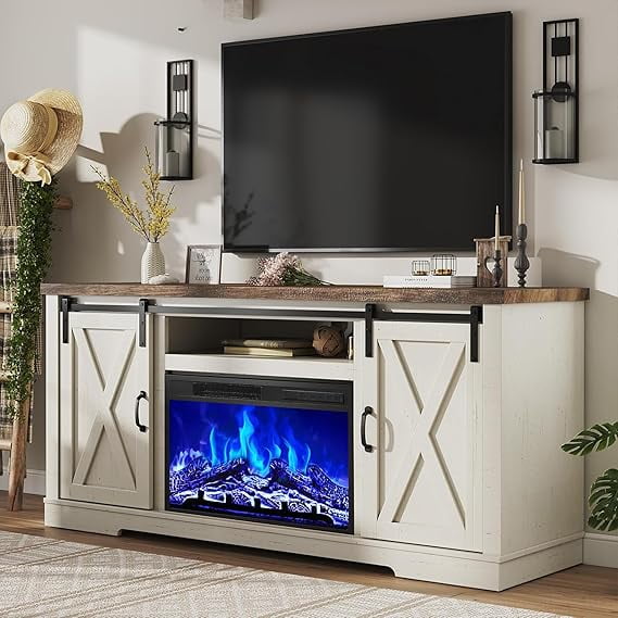 VANACC Fireplace TV Stand with Sliding Barn Door for TVs up to 73", Farmhouse 63" Entertainment Center with Storage Cabinets/Adjustable Shelves, Distressed White & Rustic