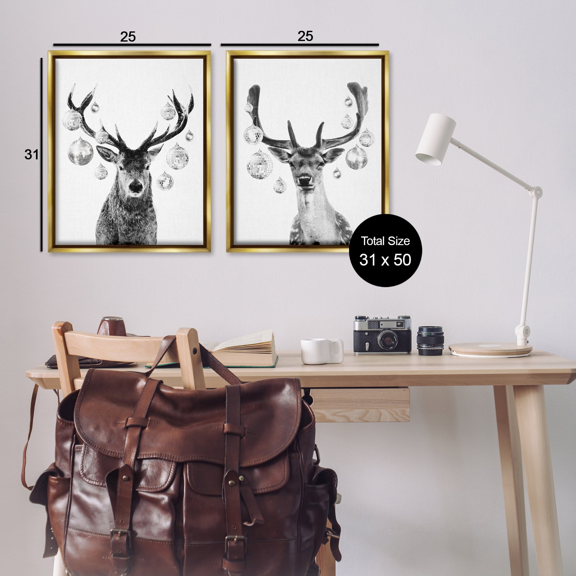 Stupell Industries Black and White Disco Deer Holiday Painting Gold Floater Framed Canvas Art Print Wall Art, 31 x 25, Set of 2