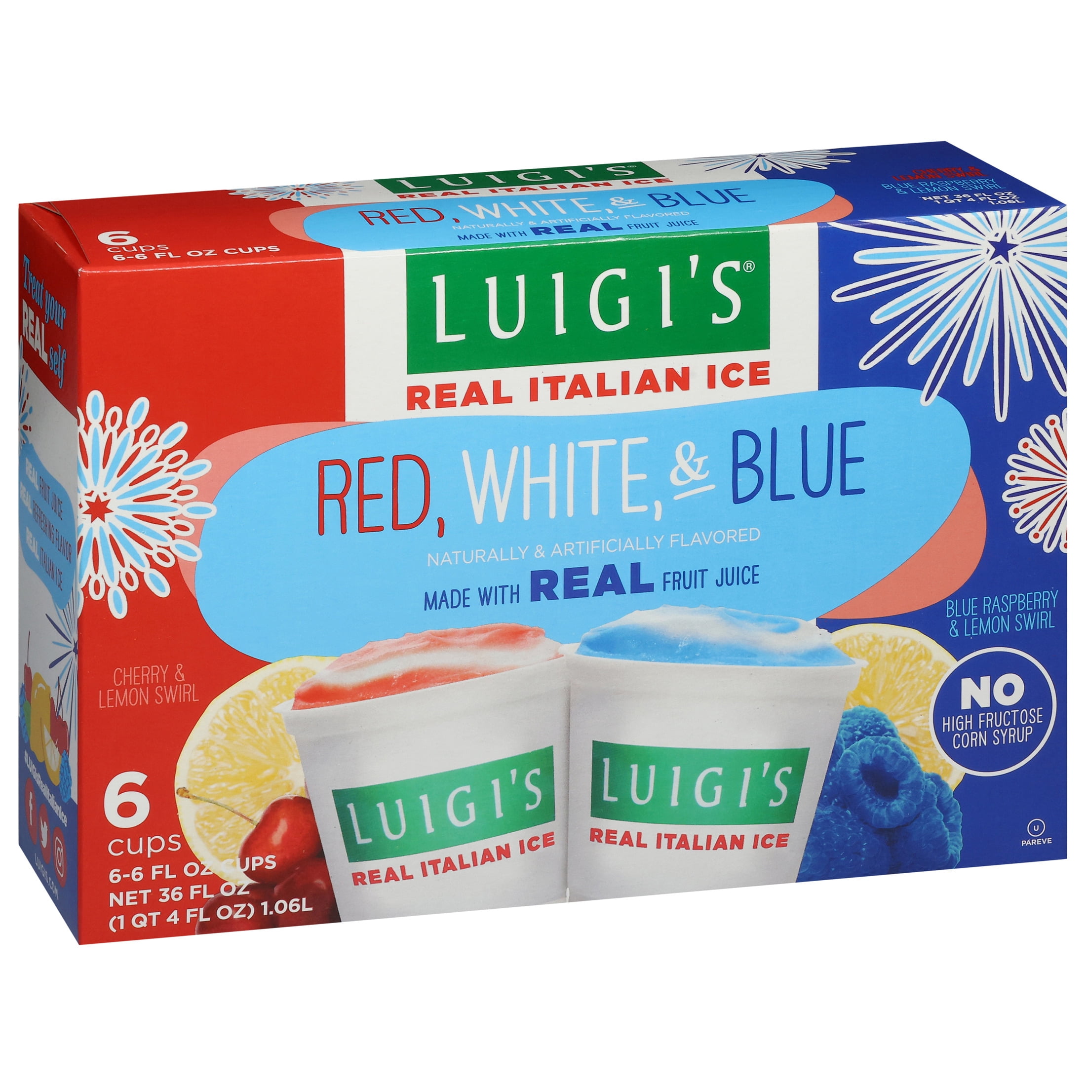 Luigi's Red, White, & Blue Real Italian Ice, 6 fl oz, 6 Count (Frozen)
