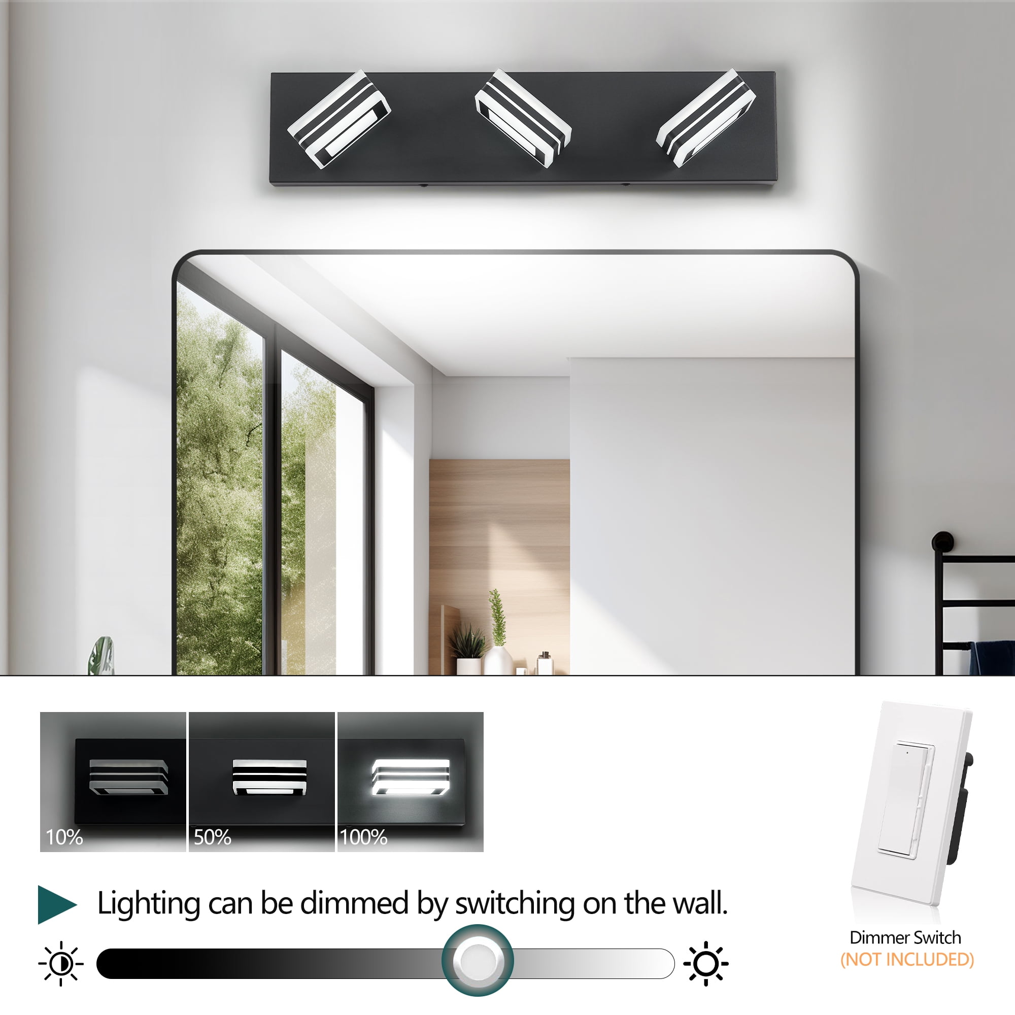 PUKNLY Matte Black Vanity Light Fixtures, 3-Light Modern Bathroom Vanity Up and Down LED Over Mirror Acrylic Black Bath Wall Lighting