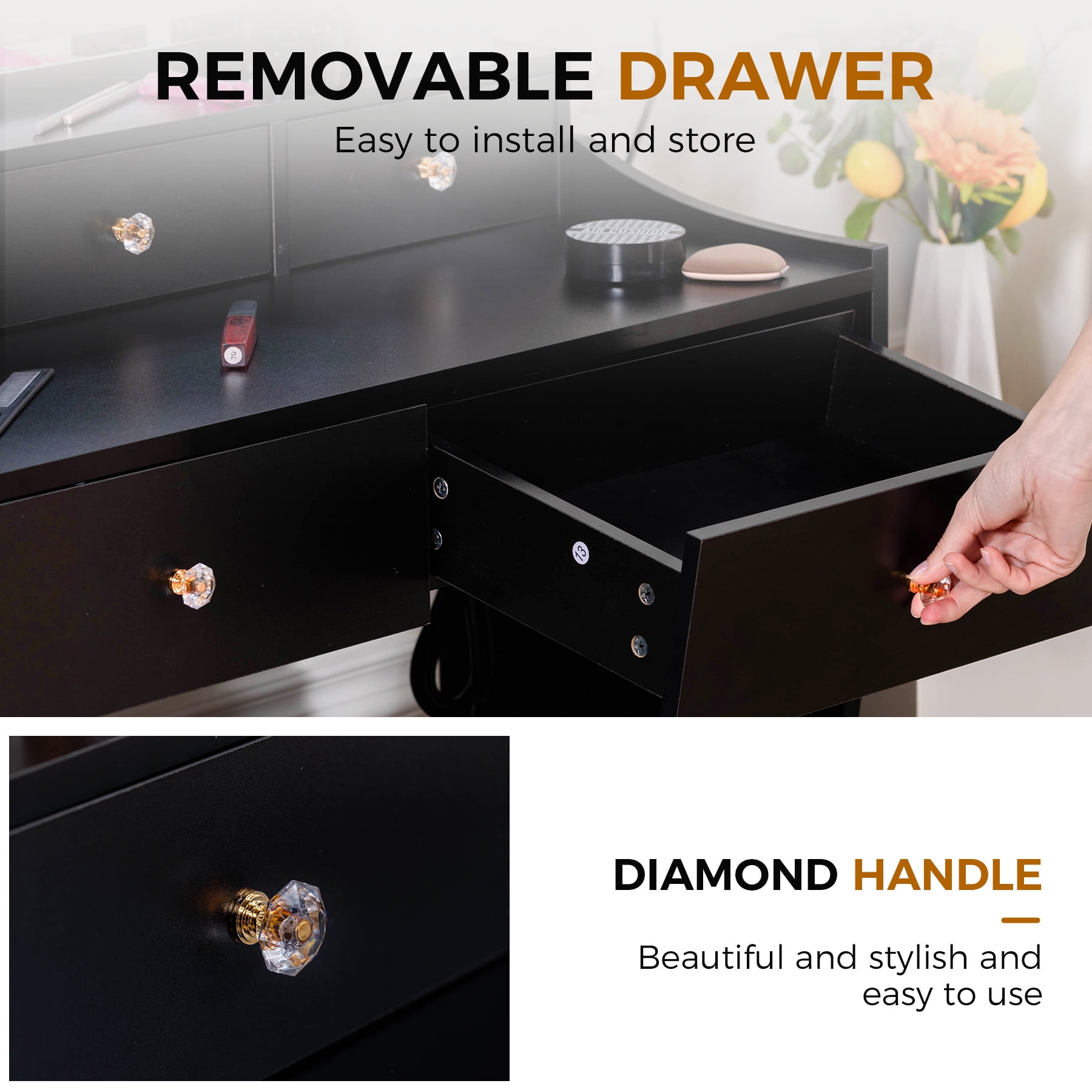 COMHOMA Makeup Vanity Desk with Mirror and Lights, Vanity Table and Chair Set with 5 Drawers and Charging Station, Black