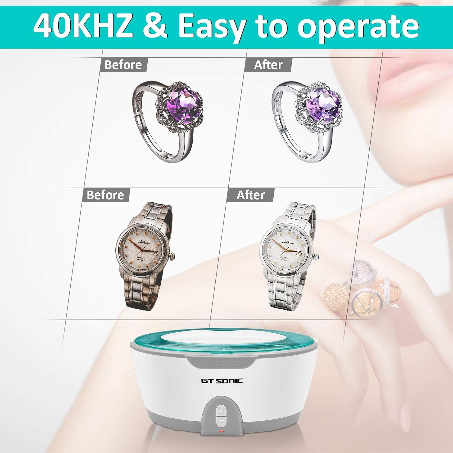 450ml Ultrasonic Cleaner for Dentures & Jewelry, 40kHz Dental Jewelry Cleaner with Tray & Handle, 5-Min Auto Shut-Off for Rings Glasses Watches