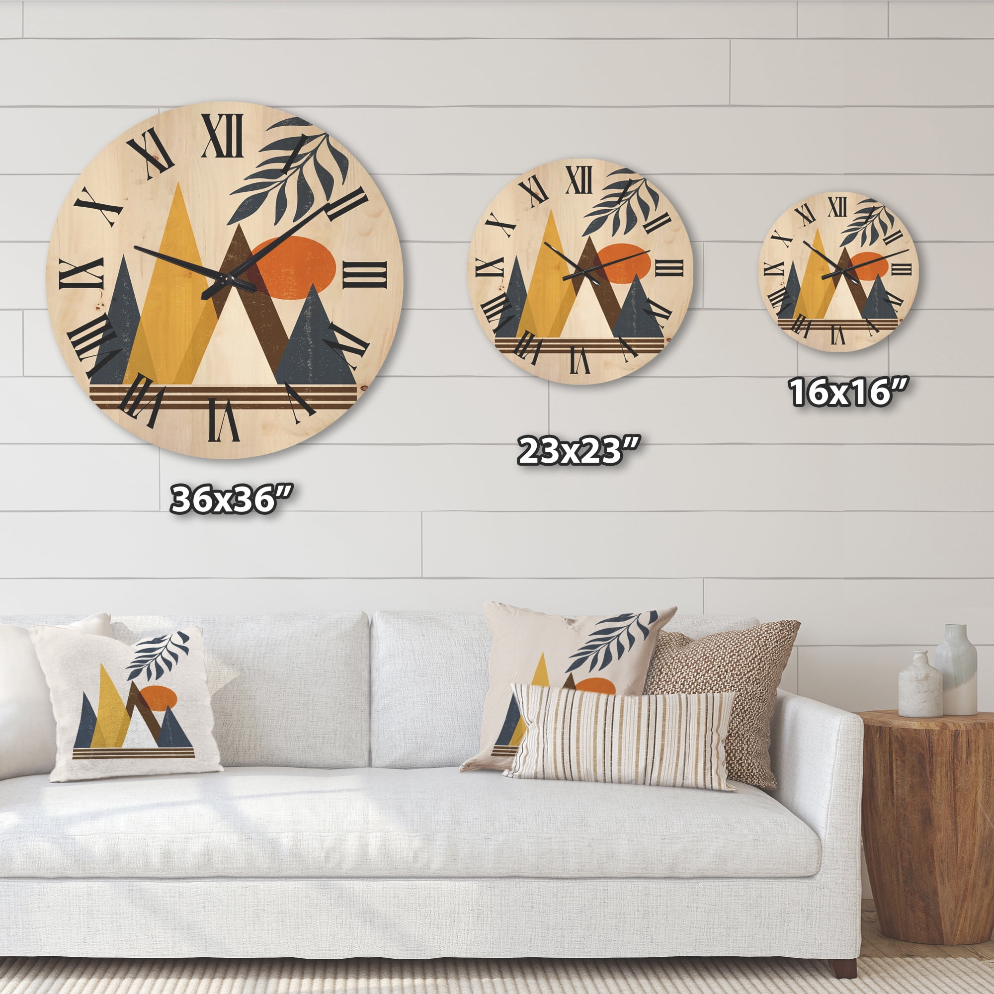Designart 'Abstract Moon and Sun In Mountains I' Modern Wood Wall Clock