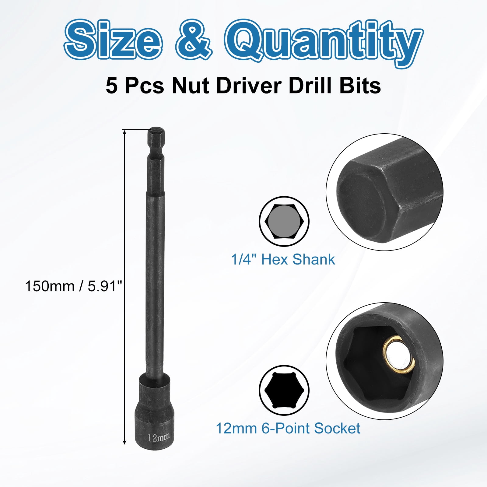 Uxcell 5pcs Hex Nut Driver Drill Bit 12mm Metric 6-Point Socket 1/4" Hex Shank Magnetic Setter CR-V Steel Bolt Sockets for Power Drills Impact Drivers, 5.91" (150mm) Long