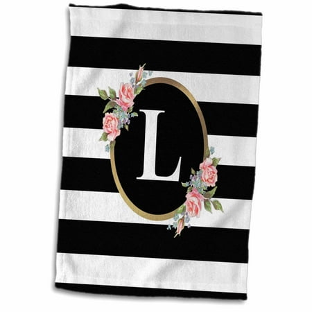 3dRose Floral Letter L Monogram - Black and White Stripes and Flowers initial - Towel  15 by 22-inch (twl_311498_1)