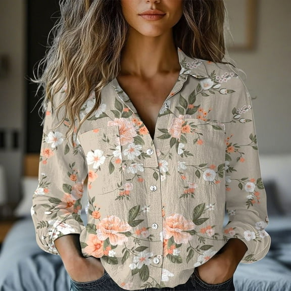 Beige Womens Blouses Womens Linen Button Down Shirts Floral Printed V Neck Long Sleeve Blouse Collared Boho Shirt Casual Tops with Pocket