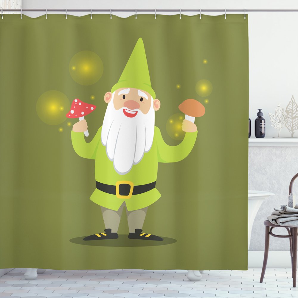 Gnome Shower Curtain, Smiling Old Dwarf Holding Mushrooms and Smiling Joyful Kids Cartoon