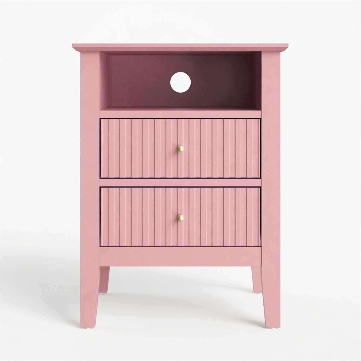 Hommoo 18"W Wooden Fluted Nightstand Set of 2, with 2 Drawers & Open Shelf, Modern Bedroom Sofa Side Table, Pink