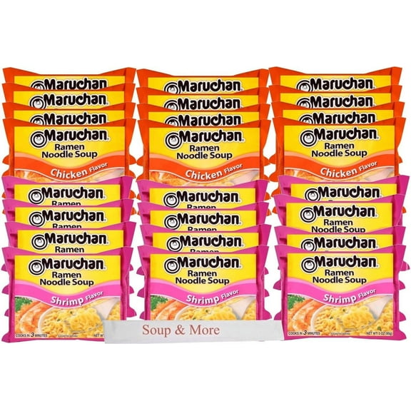 Maruchan Ramen Instant Soup Noodles 24 Count - 12 Shrimp Flavor & 12 Chicken Flavor Lunch / Dinner Variety, 2 Flavors