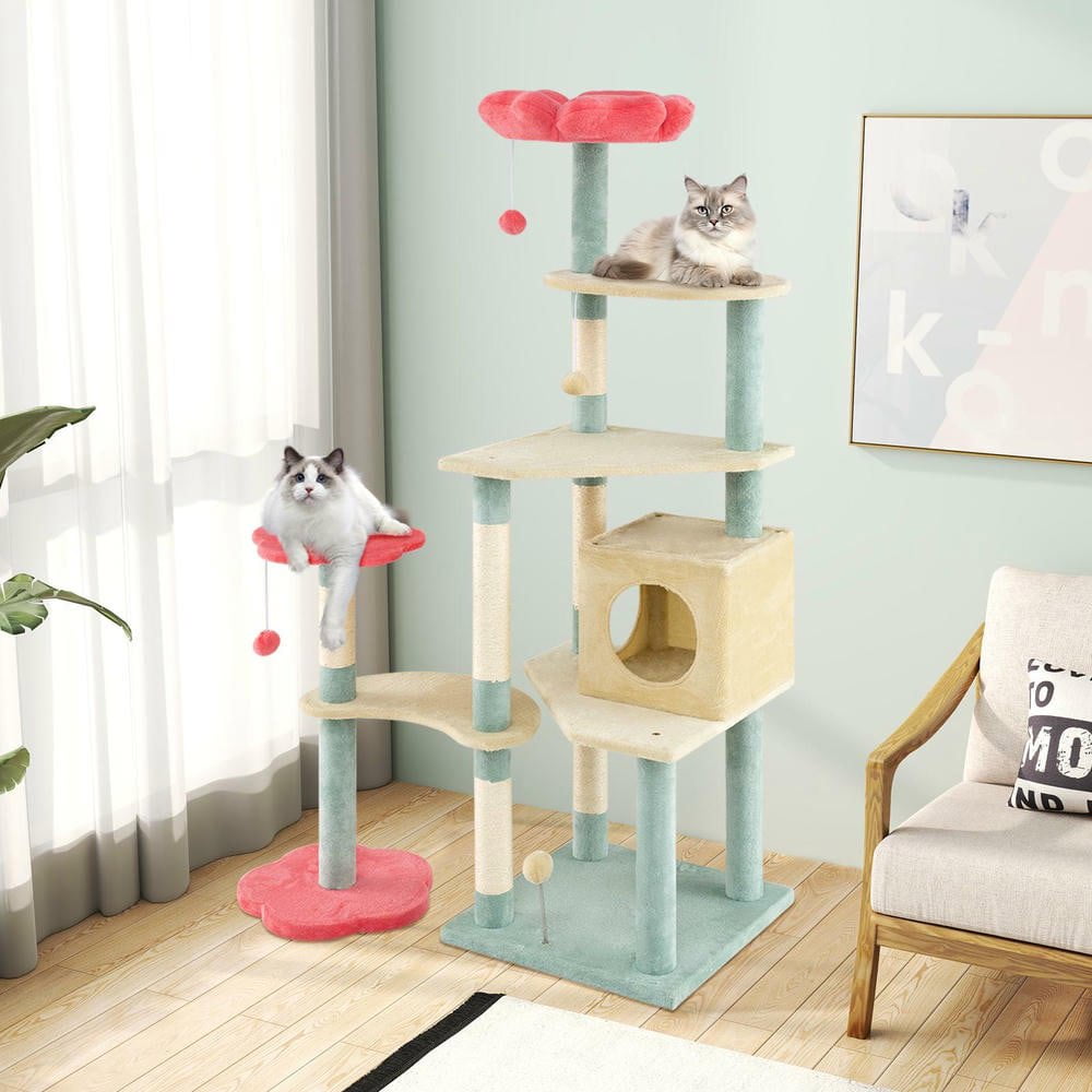 Resenkos 61-Inch Tall Floral Cat Tree Tower with Flower-Shaped Padded Perches, Multicolor
