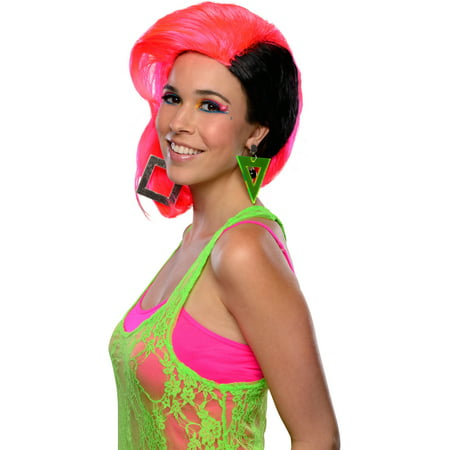 Adults Womens 80s Neon Pink Black Side Part Sweep Punk Rave Costume Wig