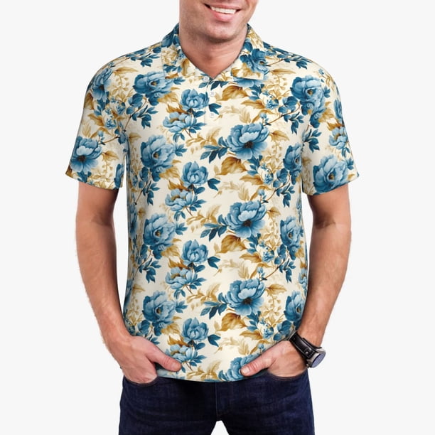 Balery Vintage Blue Flowers Camisa Polo de Hombre con Estampado, de Manga Corta y Tejido Medio, Camisa Tipo Golf Polo-X-Large