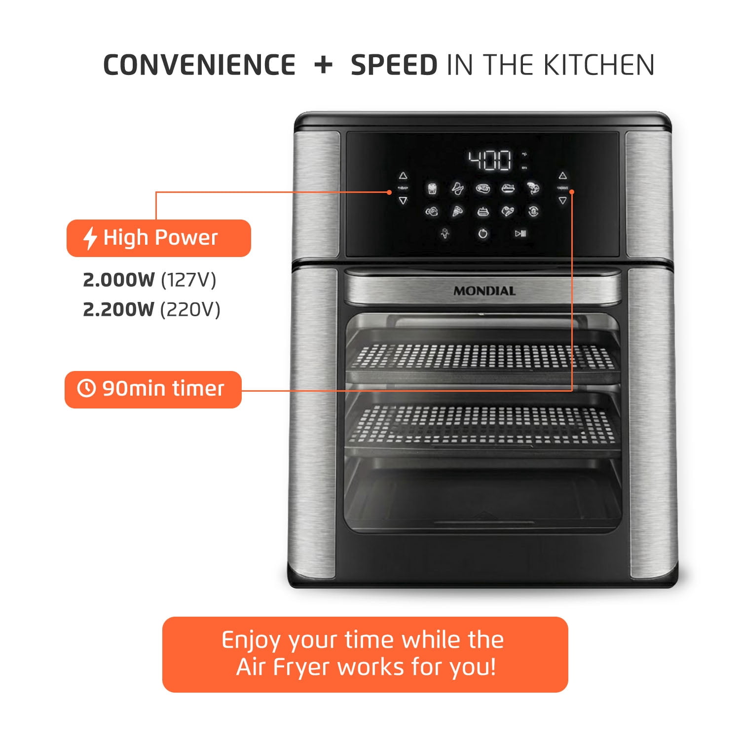 Mondial Air Fryer Oven, Digital Touchscreen, 12.7 Qt, 1800W, Black Stainless Steel