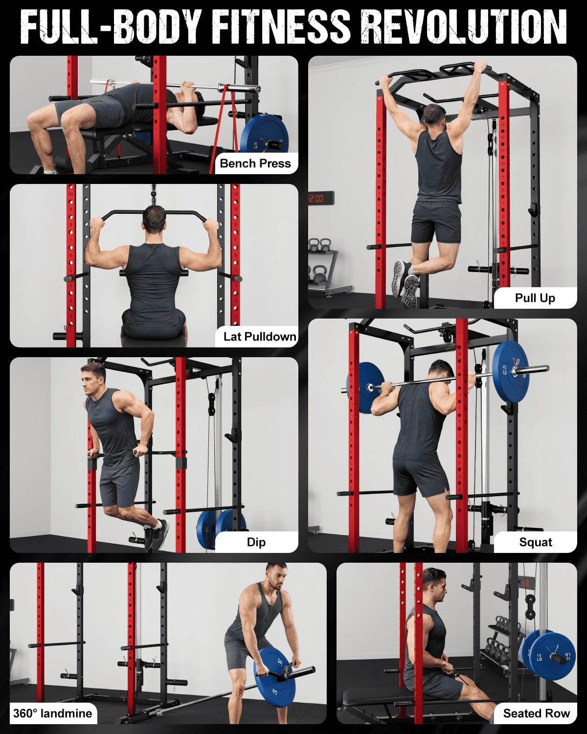2000LBS Power Cage Squat Rack with LAT Pulldown System, Multi-Function Weight Cage Strength Training Machine, Home Gym Workout Cage with Multiple Attachments for Garage & Home Fitness
