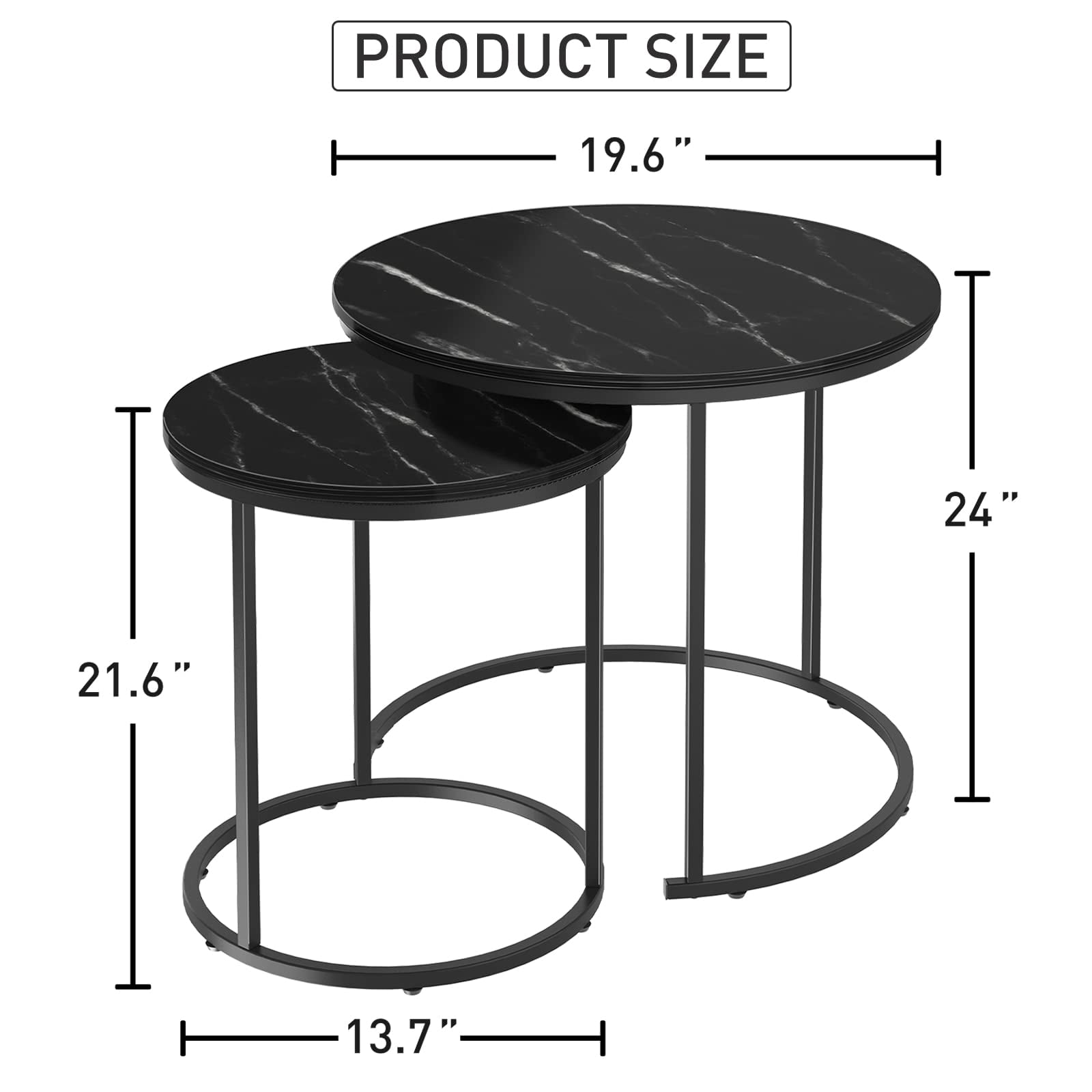 Black Marble Nesting Coffee Table for Small Place 24 in 2 Sets High Side End Sofa Table Nightstand Modern Furniture Living Room Cabin Bed Room Dining RoomGarden 4 You (Black Marble)