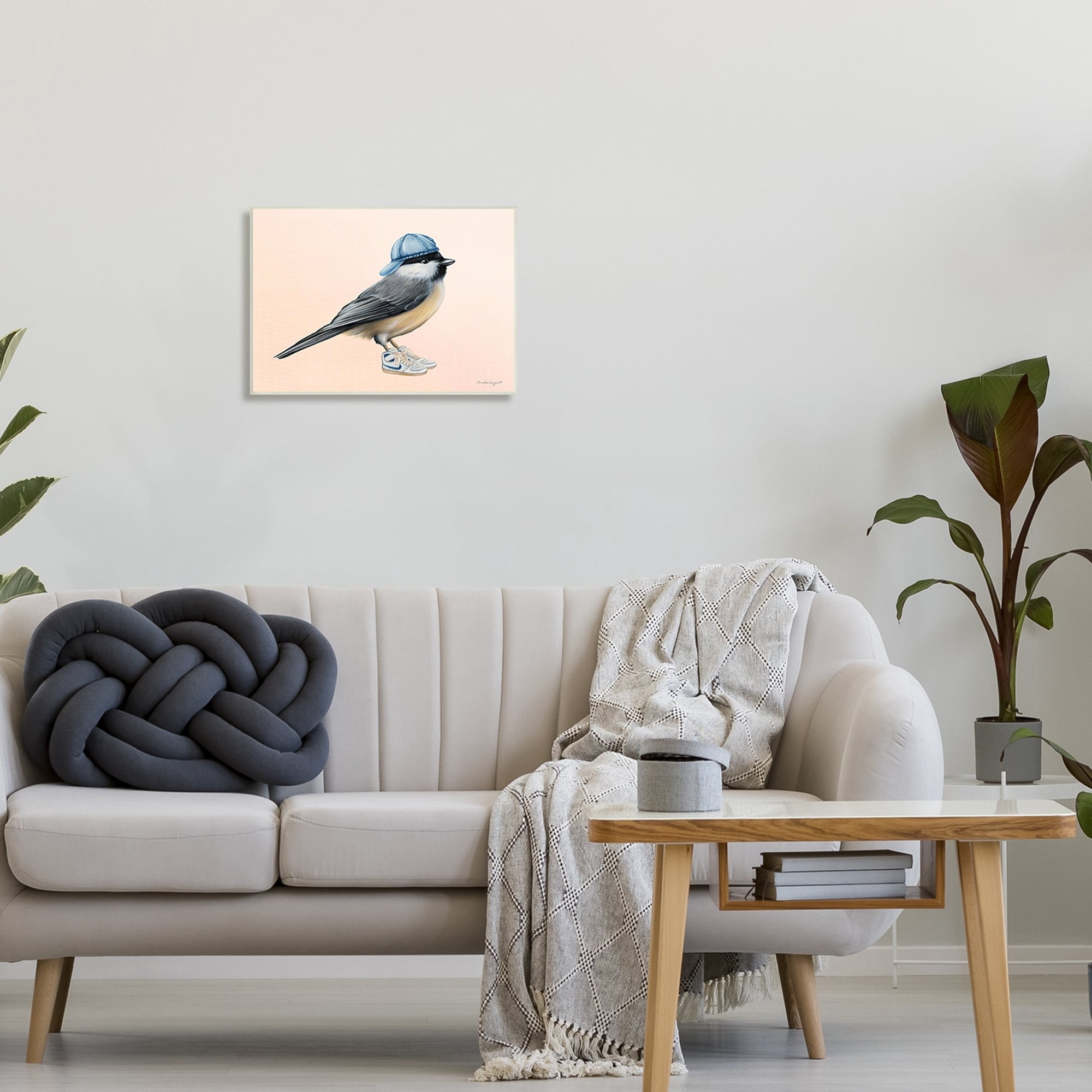 Stupell Industries Hip Chickadee Bird Backwards Hat Trendy Sneakers Graphic Art Unframed Art Print Wall Art, Design by Amelie Legault