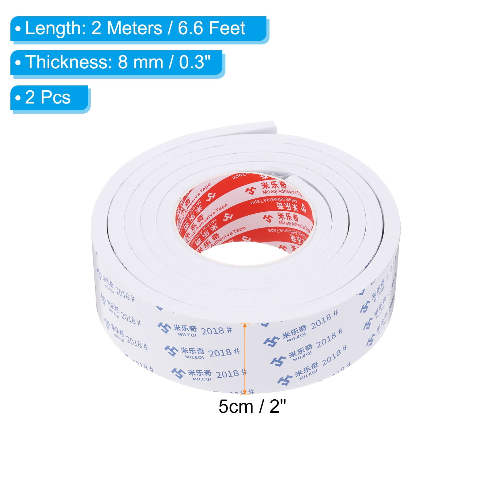 REGALWOVEN 2m/6.6ft Sealing Foam Tape 5cm Wide 8mm Thick Single Sided Weather Stripping Door Seal Strip White, 2Roll