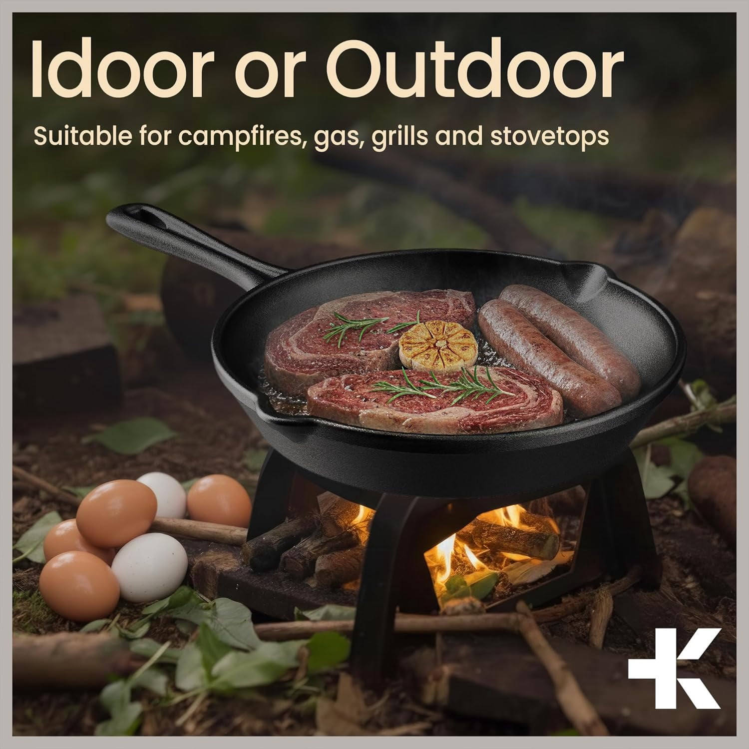 Bakken Cast Iron Skillet 12" Pre-Seasoned Frying Pans with Even Heat Retention, Versatile for Stove, Oven, Grill & Campfire, Easy-Grip Handles