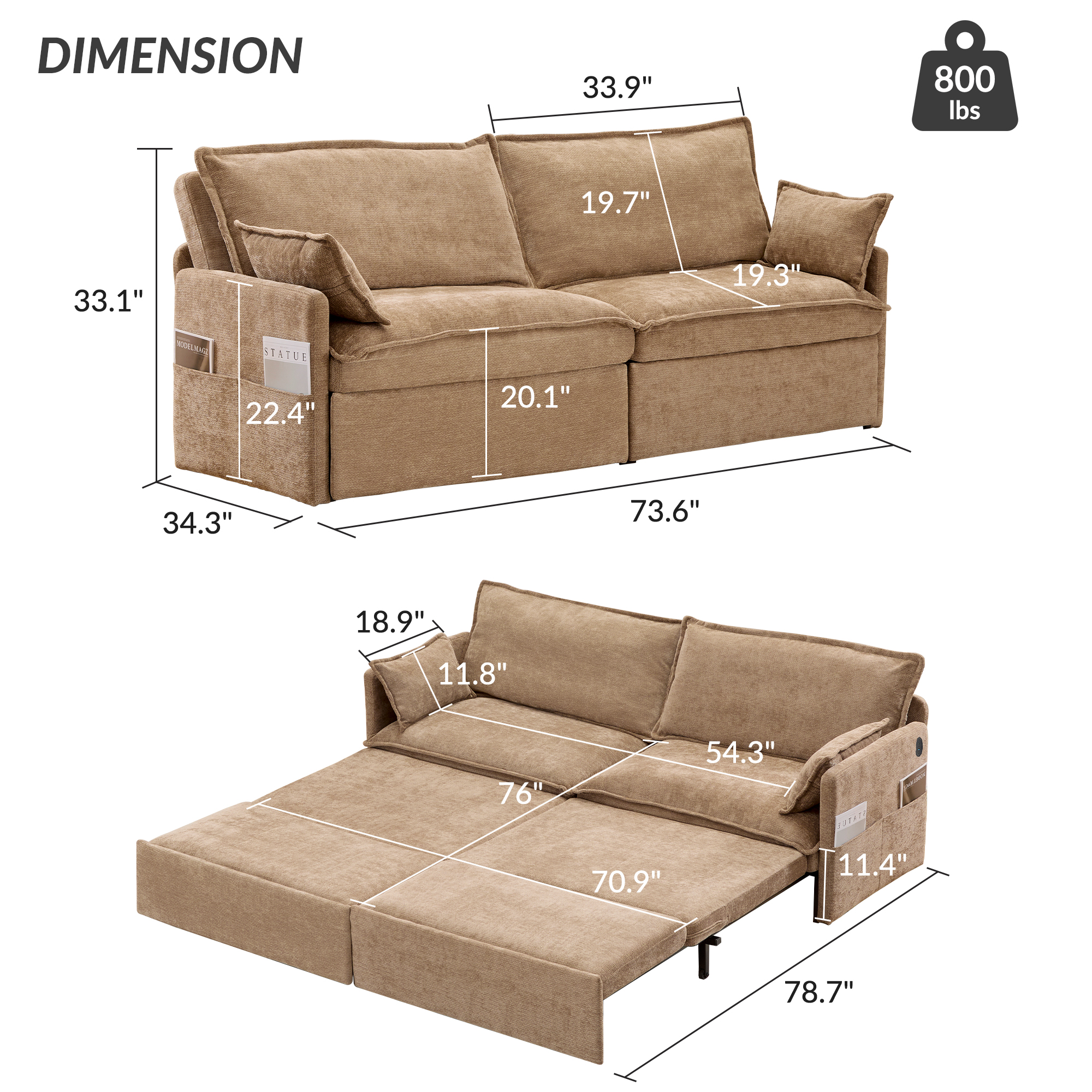 73.6'' Pull Out Sofa Bed, 3 in 1 Convertible Sleeper Loveseat Sofa, Pull Out Couch with USB Charging, Side Pockets for Living Room, Apartment, Small Spaces (Chenille, Khaki)