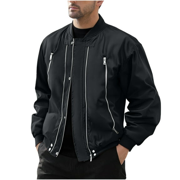 M-5X Plus Size Motorcycle Jackets for Men with Zipper Pockets Big & Tall Coats Trendy Long Sleeve Zip Up Mock Neck Solid Streetwear Outerwear Jacket