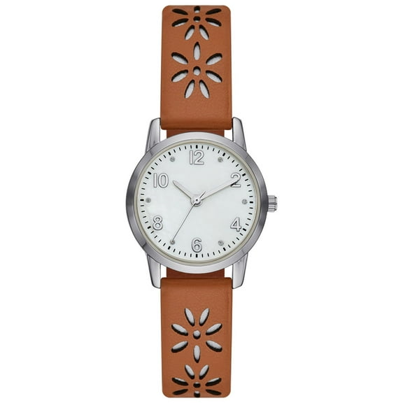 Time and Tru Women's Analog Watch: Silver Tone Round Case, Crystal Accent on Faux Mother of Pearl Dial, Brown Faux Leather Perforated Strap (FMDOTT054)