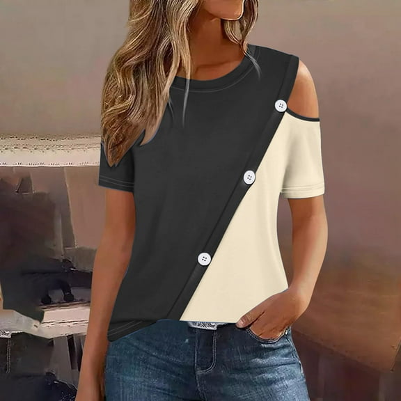 Royisotas Summer Oversized Tops for Women Casual Short Sleeve Khaki Shirts for Women Crew Neck Cold Shoulder Color Block Button Women's Tshirts