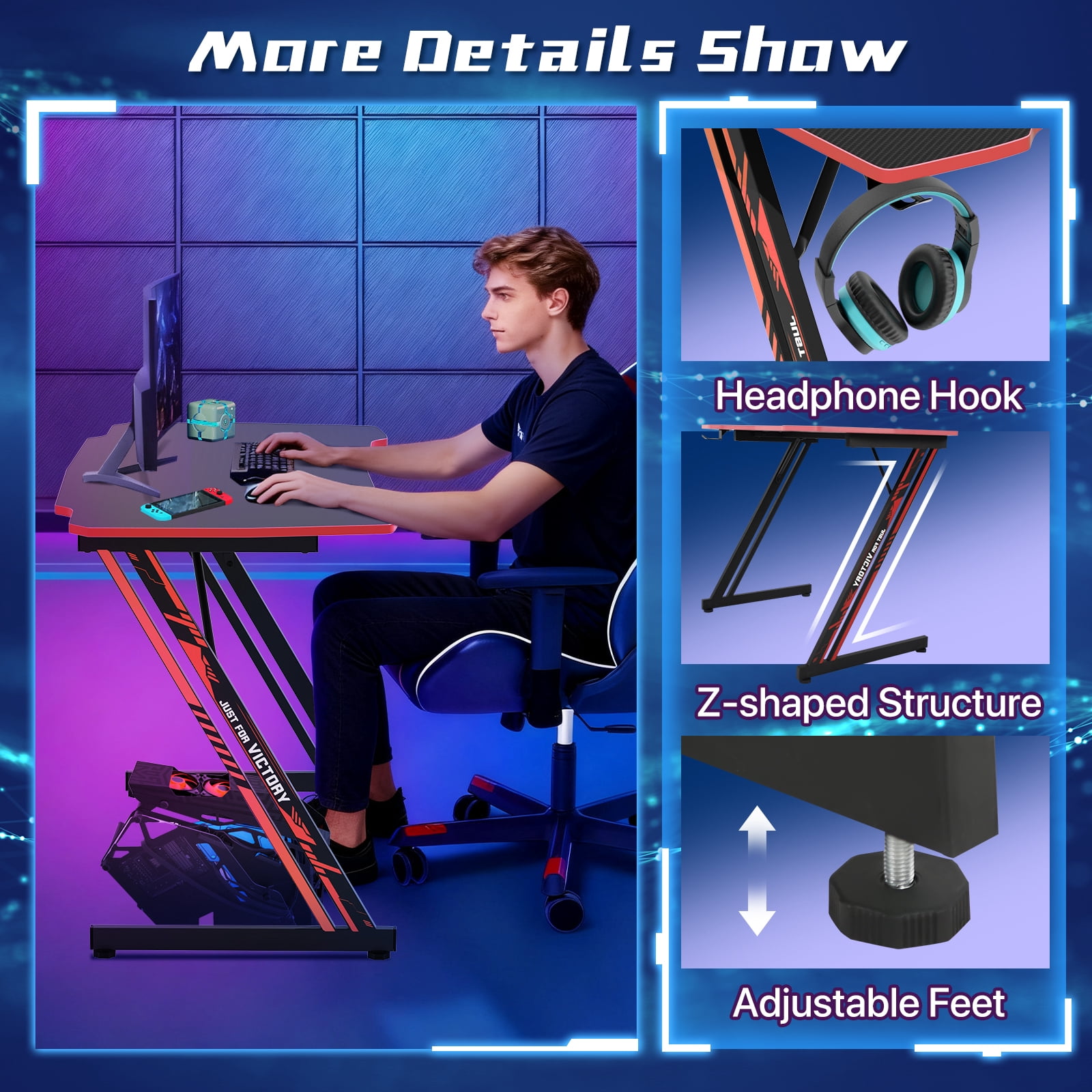 35"L Gaming Desk Z-Shaped Carbon Fiber Surface PC Gamer Table with  Headphone Hook, Computer Desk Gamer Desk Office Desk for Adults&Teen （Red）