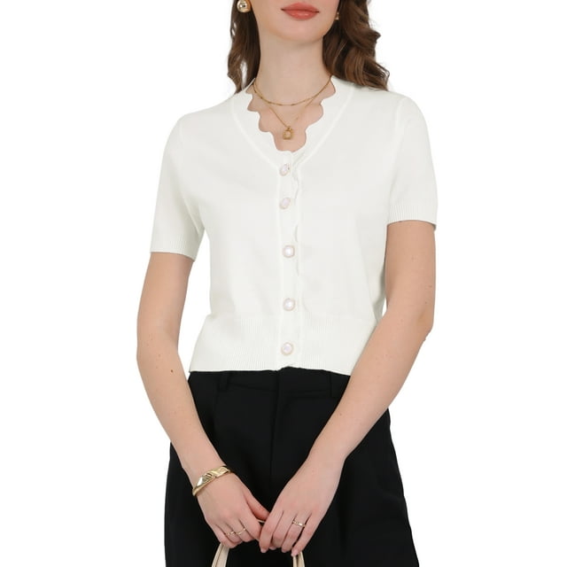 Suéteres de punto cortos de manga corta con cuello en V para mujeres Inspire Chic, color blanco, talla S