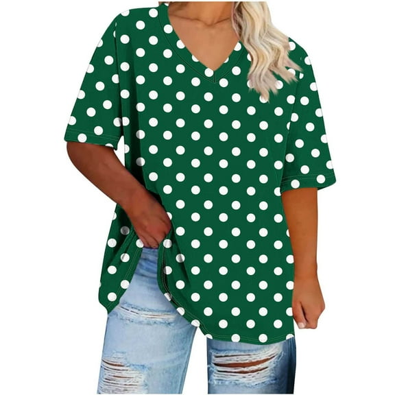 JSheng Summer Plus Size Womens T-Shirts Women's Oversized V-neck Short Sleeve Polka Dot Casual Loose Tops Army Green XXXL