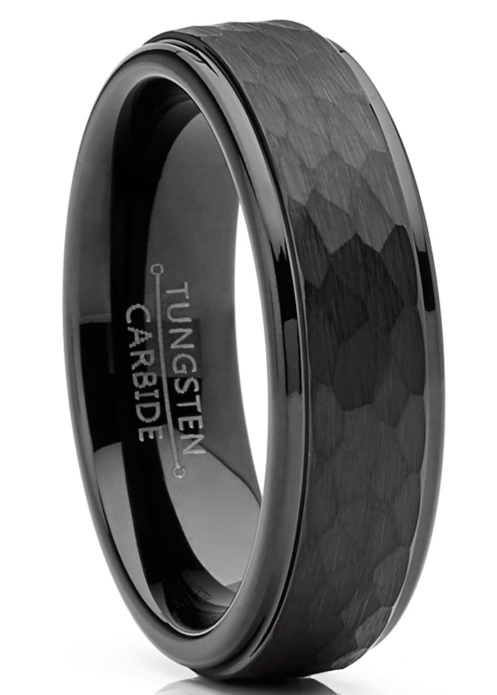 Tungsten Wedding Band Set Hammered Center Black Tungsten ring Set 6mm 8mm 