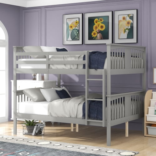 Full over Full Bunk Bed with Ladder, Solid Wood Twin Bunk Bed for Guest Room and Bedroom, Convertible to Two Separate Beds, Gray