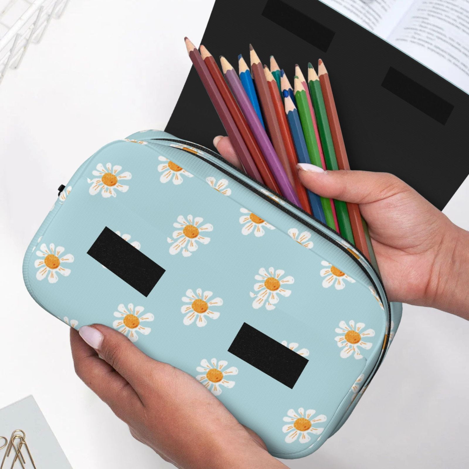 Rateoe Daisies Flowers Pattern Double Clamshell Pen Case, Storage Organizer with Two Zipper Compartments– Holds Up to 50 Pencils & Pens