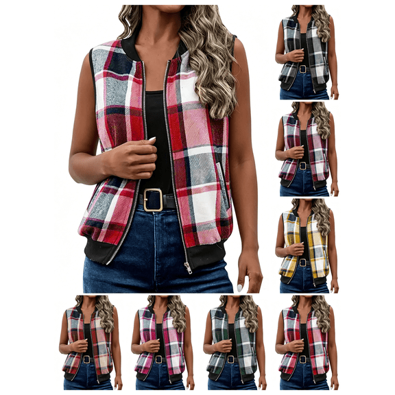 Zynoxe Women's Plaid Vests With Side Pockets Fashion Zip Up Vests for Women Classic Stand Collar Sleeveles Jackets Soft Lightweight Fall Winter Casual Gilet Jacket S