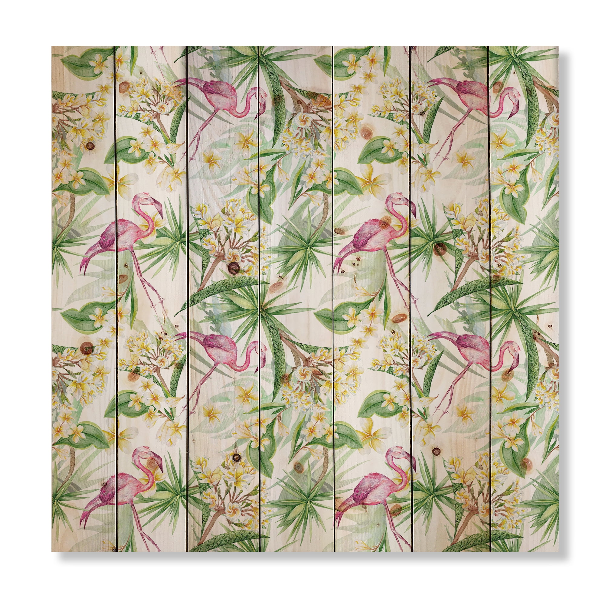 Designart 'Yellow Flowers, Tropical Foliage With Flamingo IV' Modern Print on Natural Pine Wood