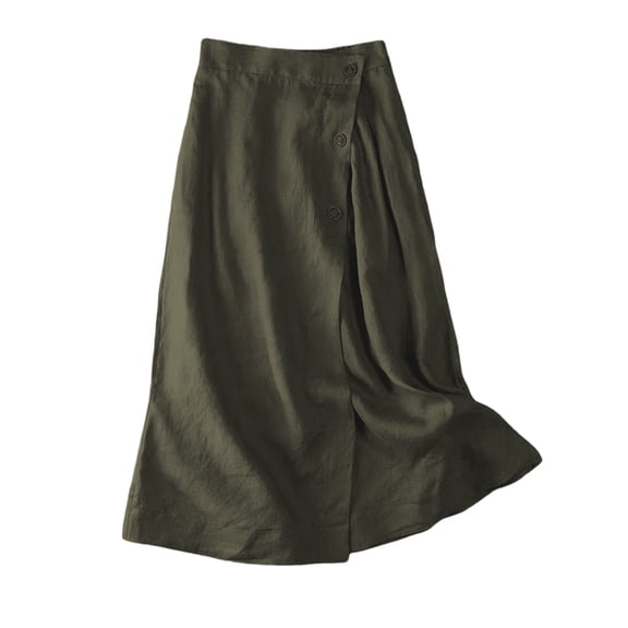 Maxi Skirts for Women, High Waist Linen A-Line Skirt, Button Front Wrap Style Flowy Midi Skirt Army Green M