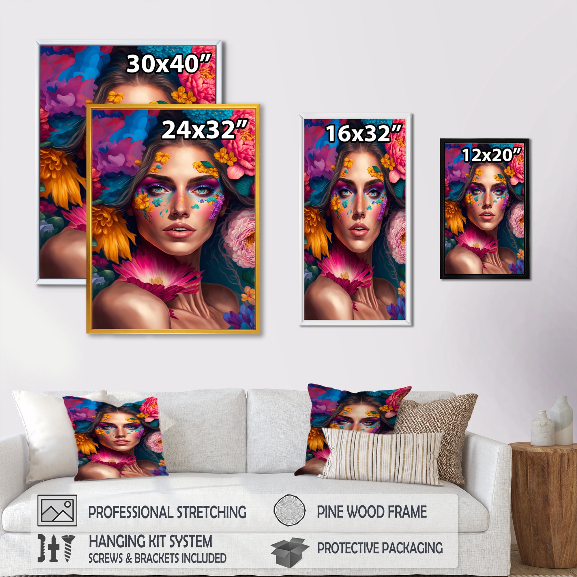 Designart Floral Sensual Woman Portrait IV Floating Frame Wall Art