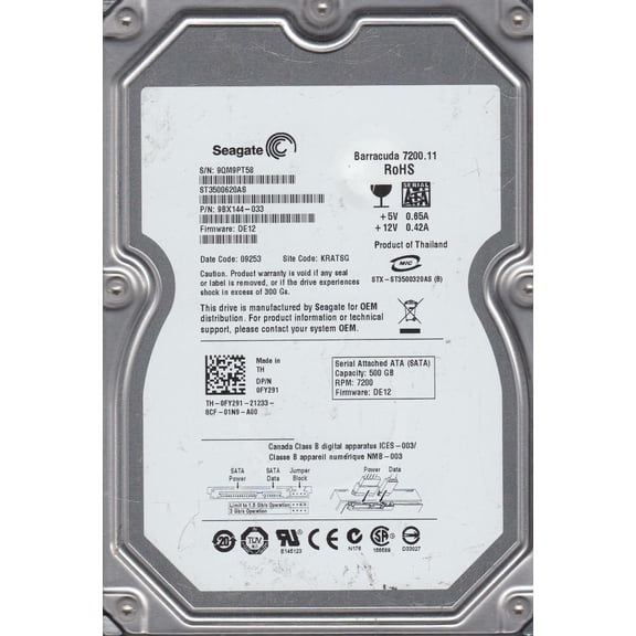 ST3500620AS, 9QM, KRATSG, PN 9BX144-033, FW DE12, Seagate 500GB SATA 3.5 Hard Drive