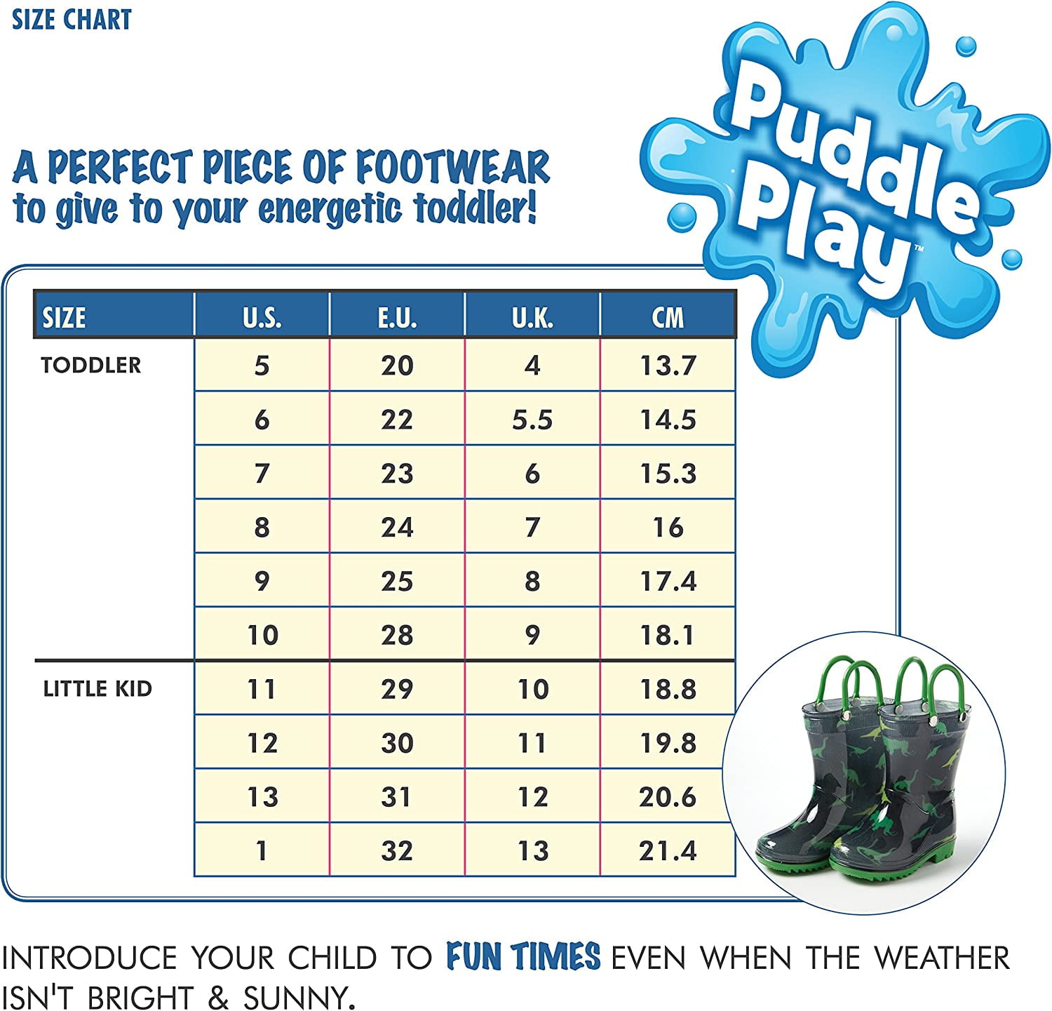 Puddle Play Children's Boys' Dinosaurs Printed Waterproof Easy-On Rubber Rain Boots (Toddler/Little Kids)