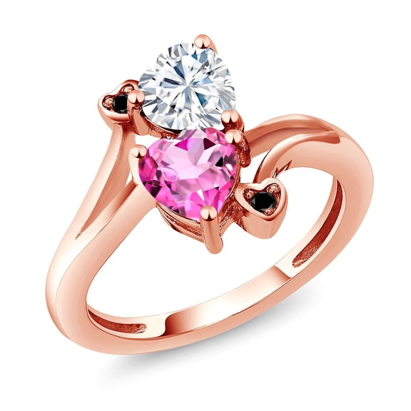 Gem Stone King 18K Rose Gold Plated Silver White Moissanite Pink Mystic Topaz and Black Diamond Ring for Women (1.78 Cttw, Heart Shape 6MM, Gemstone Birthstone, Size 5)