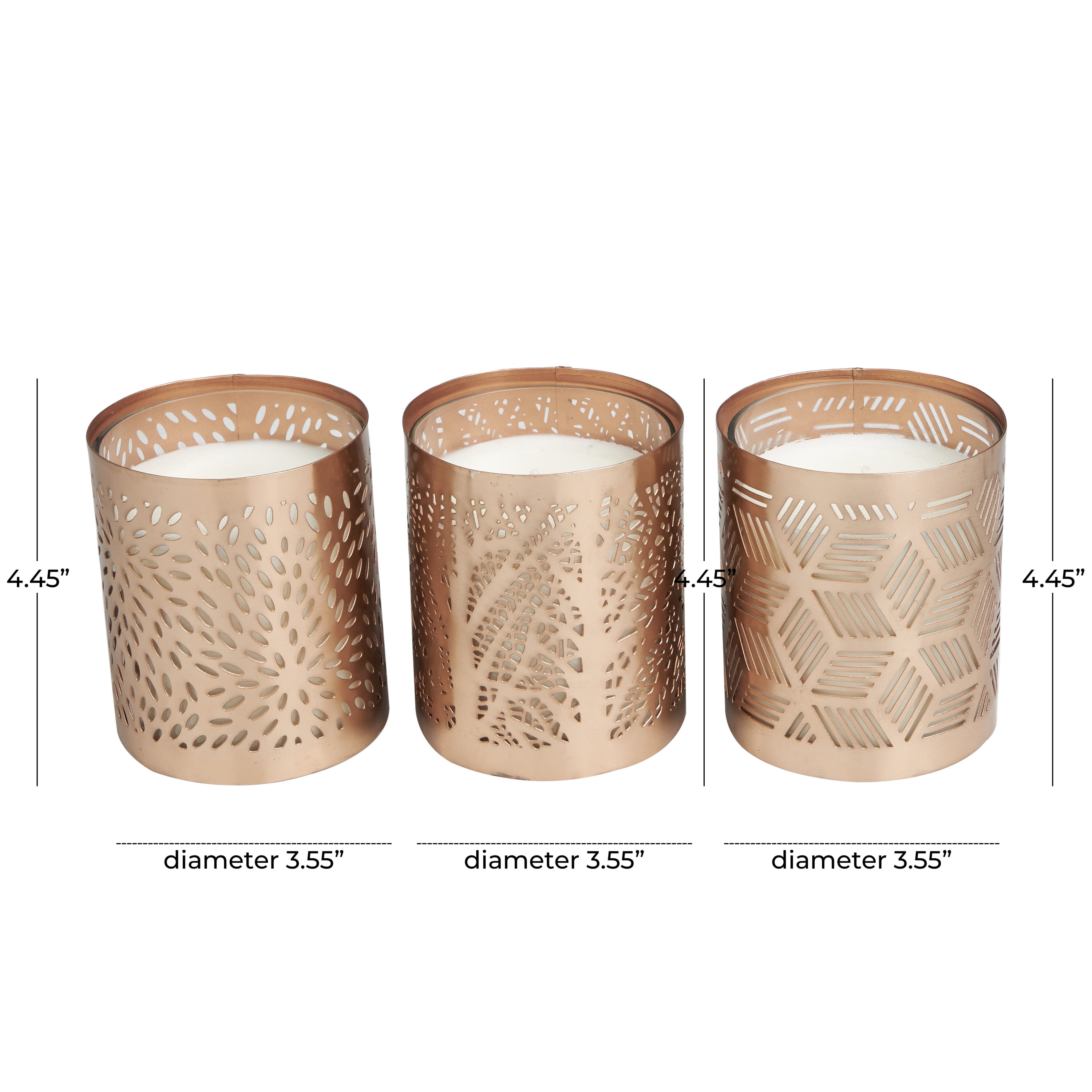 CosmoLiving by Cosmopolitan 3 Holder Copper Metal Geometric Campfire Scented 13 oz 1 Wick Candle with White Wax, (Set of 3)