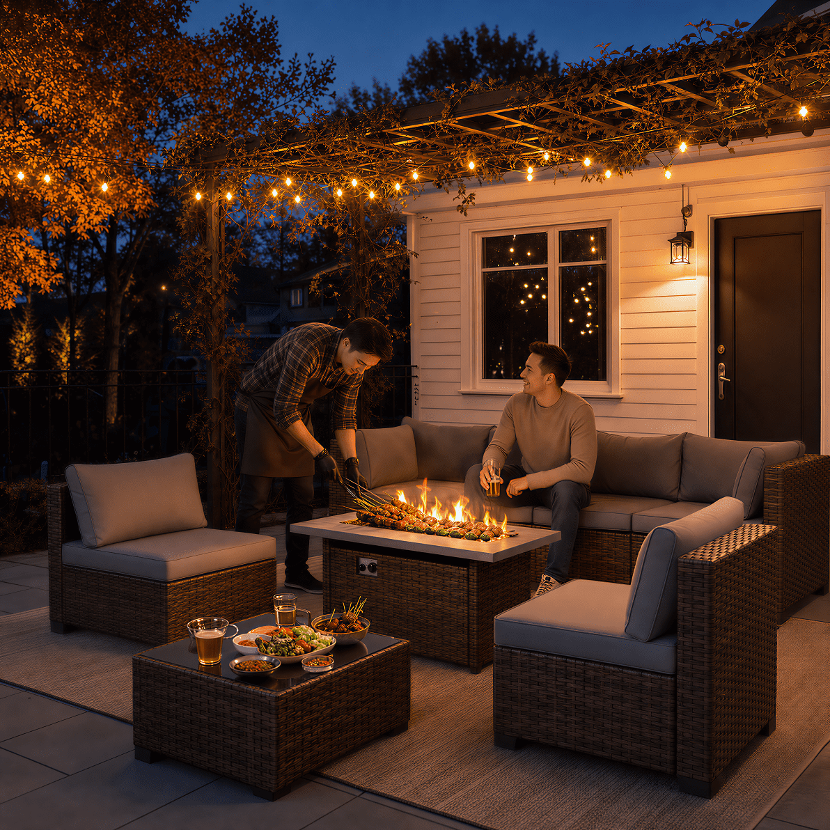 Asofer 8 Piece Outdoor Patio Conversation Sets，Patio Sectional Furniture Set with Fire Pit and A Coffee Table for Courtyard，Poolside，Party，Gray