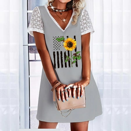 

Hvyesh Sundresses Women 2023 Summer Elegant Midi Dress Red White and Blue Pattern V Neck Dresses Short Sleeve Trendy Vacation Dress Gray