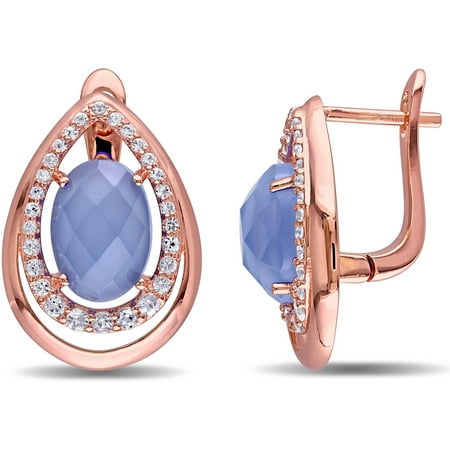 Tangelo 9-1/2 Carat T.G.W. Blue Chalcedony and White Topaz Rose Rhodium-Plated Sterling Silver Clip-Back Oval Earrings