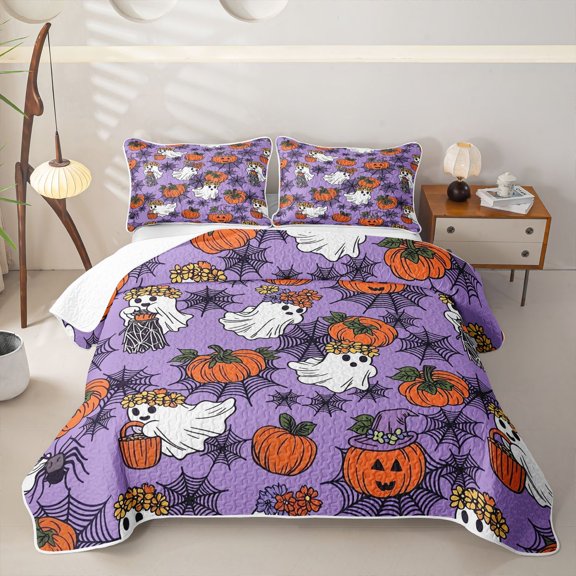 Homewish Halloween Ghost Pumpkin Twin Quilt Set, Spider Web Twin Coverlet Set, Purple Orange Black, 2 Pieces 1 Bedspread and 1 Pillowcase