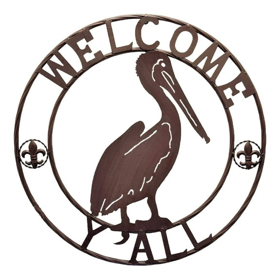 Rustic Metal Circle Pelican Louisiana Welcome Y'all FDL Sign Wall Hanging Decor